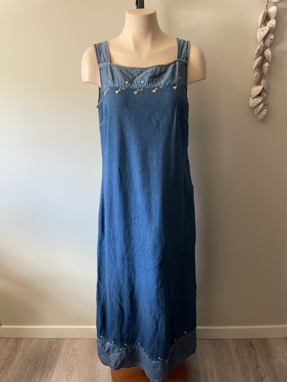 90s Y2K Boho Denim Jean Dress Floral Embroidered Cottagecore Maxi Dress Grunge